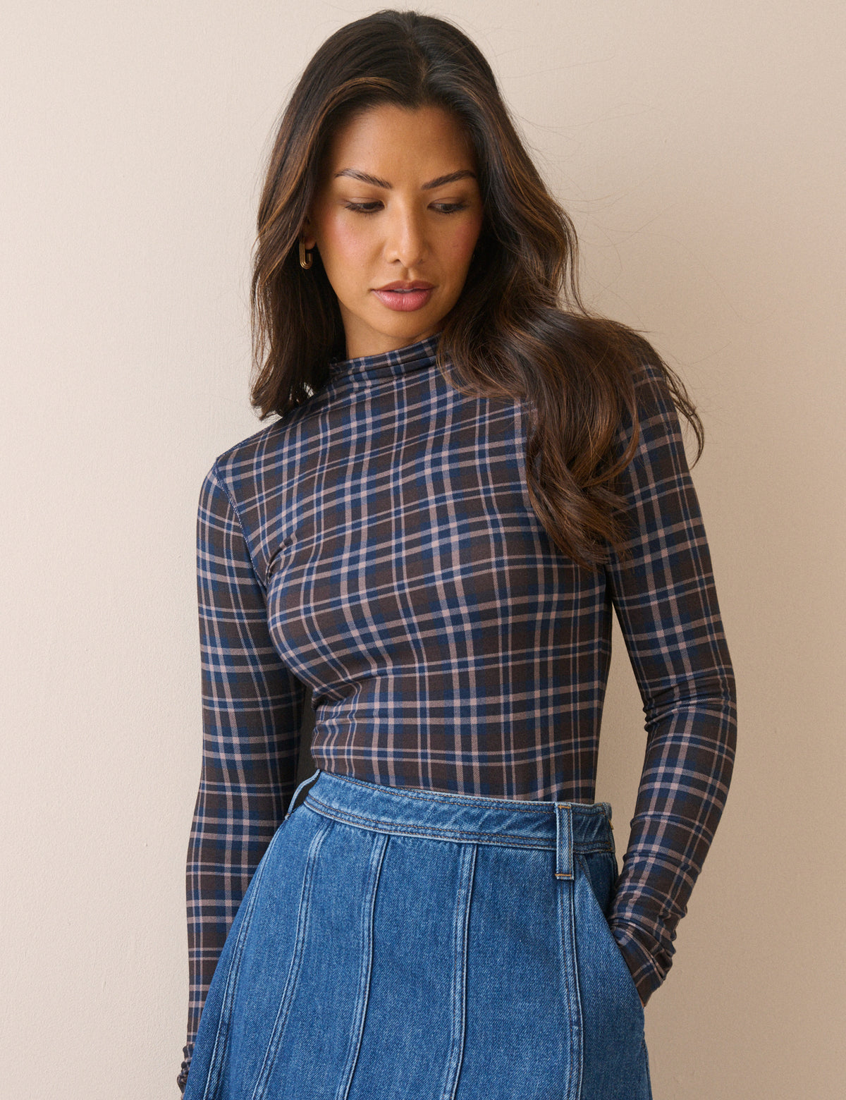 Blue Tartan Long Sleeve Jersey Top