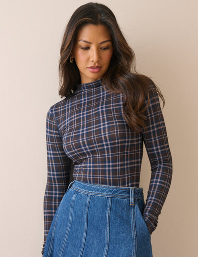 Blue Tartan Long Sleeve Jersey Top