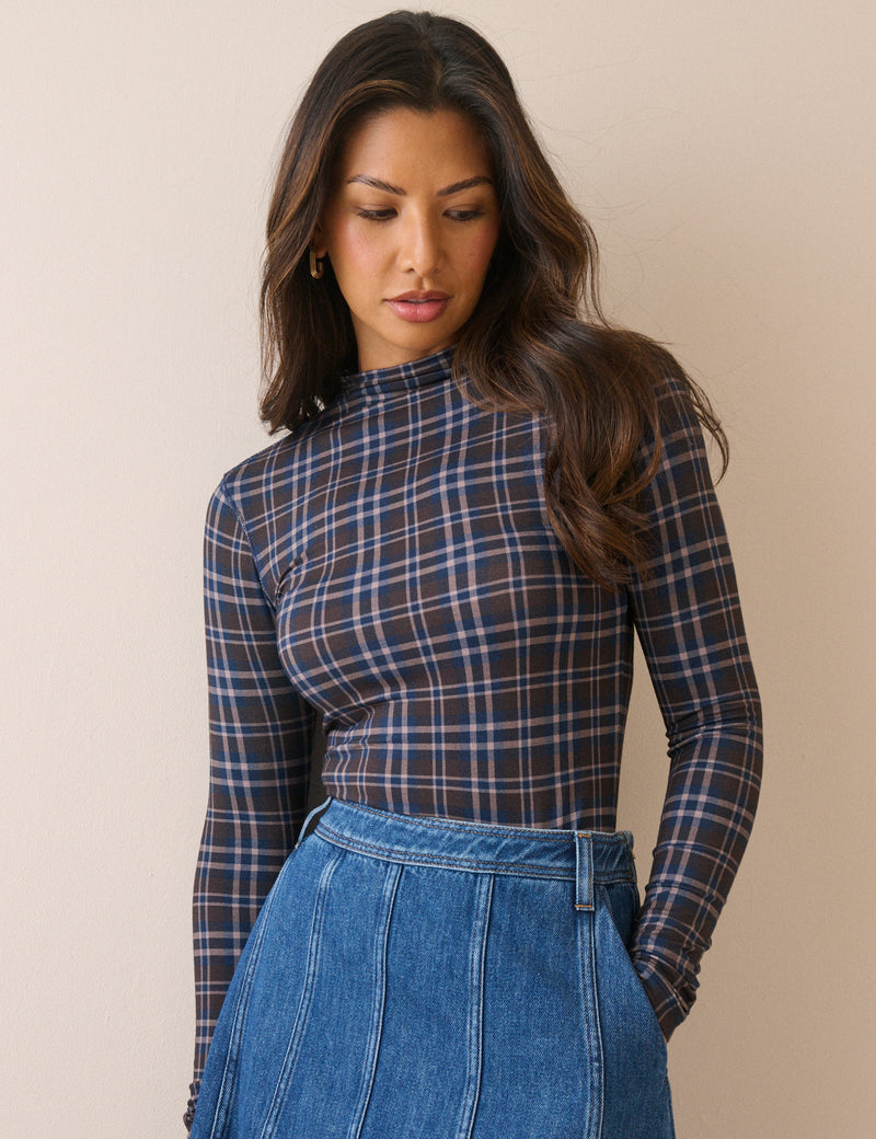 Blue Tartan Long Sleeve Jersey Top
