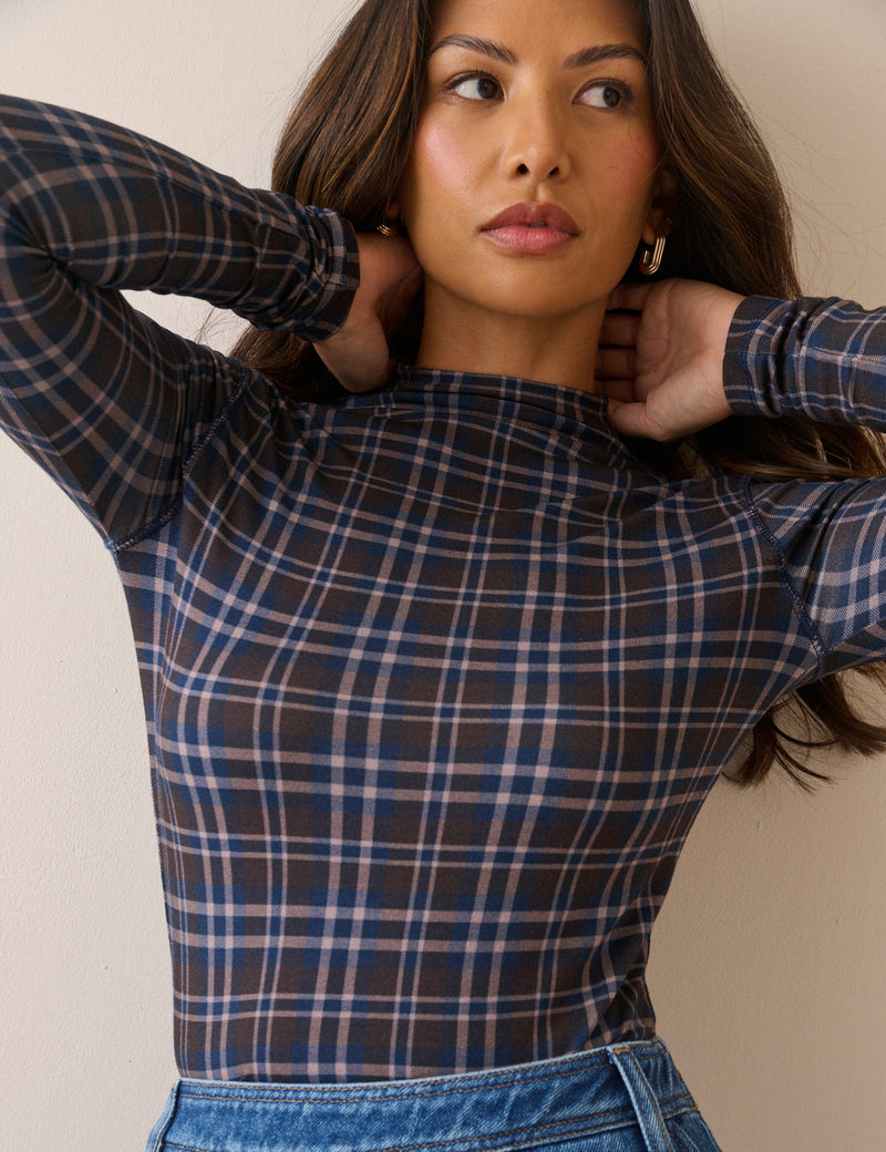 Blue Tartan Long Sleeve Jersey Top