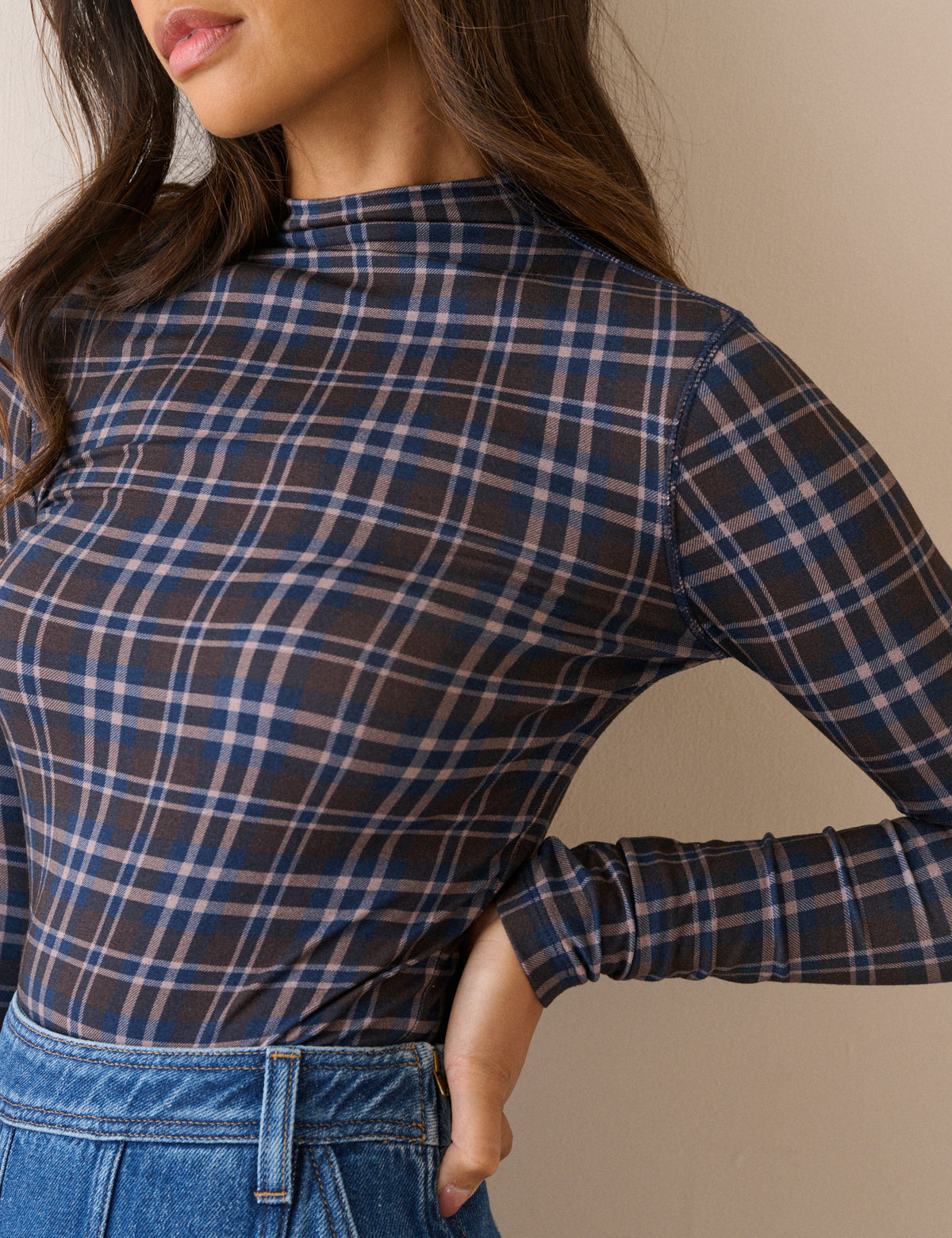 Blue Tartan Long Sleeve Jersey Top