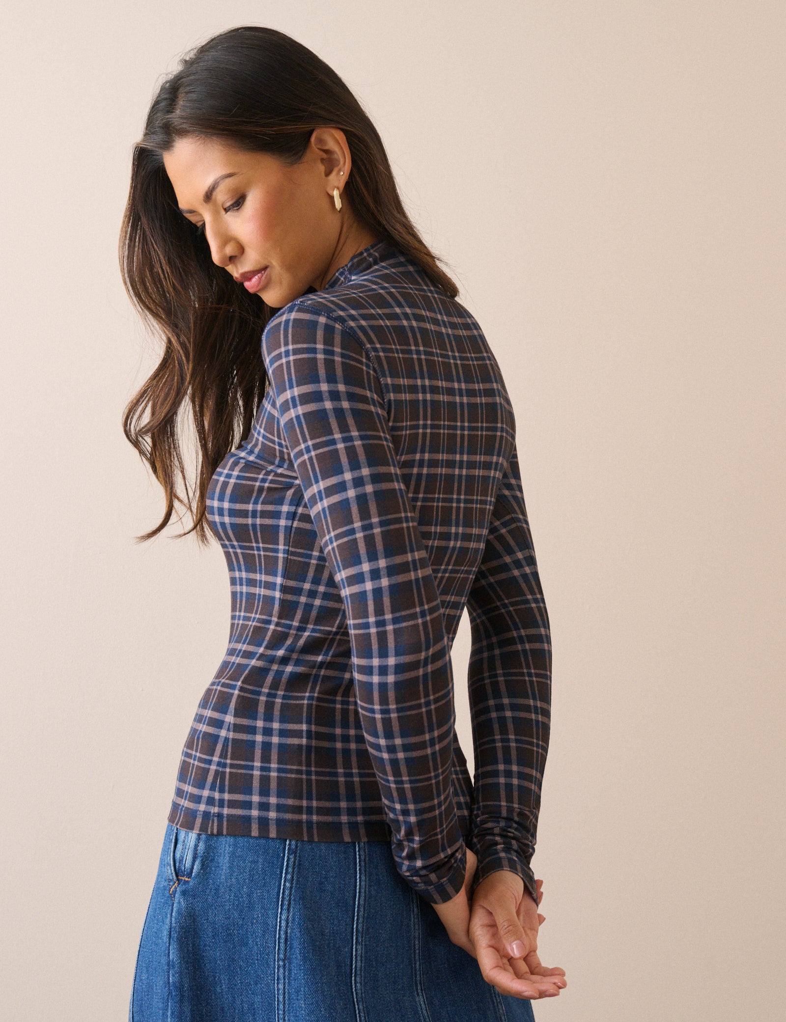 Blue Tartan Long Sleeve Jersey Top
