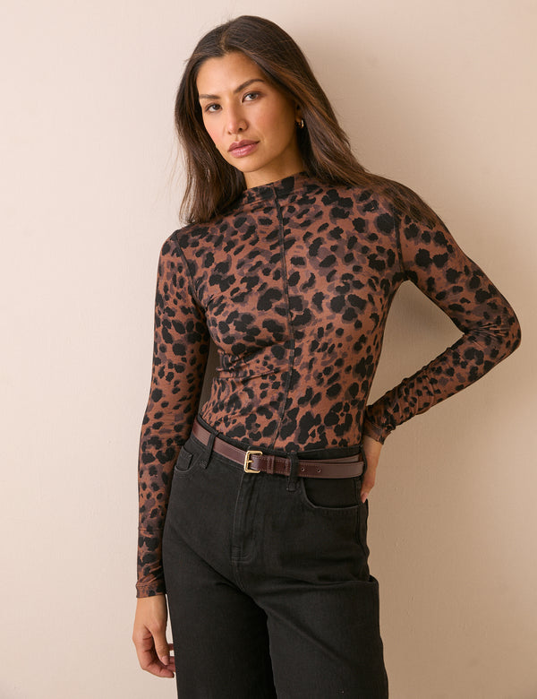Leopard Print Jersey High Neck Top