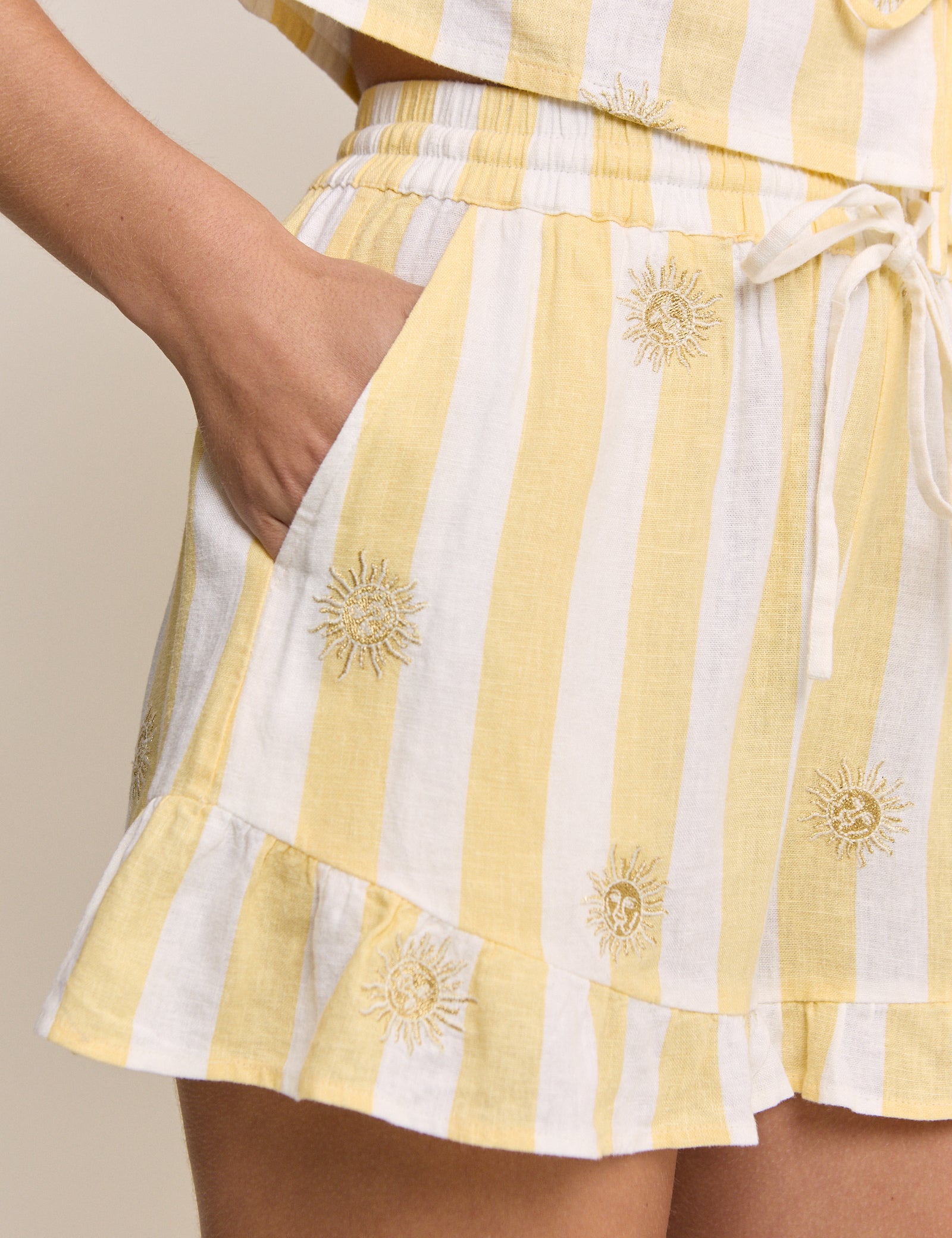Yellow Striped Ruffle Hem Linen-Blend Shorts