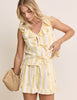 Yellow Striped Ruffle Hem Linen-Blend Shorts