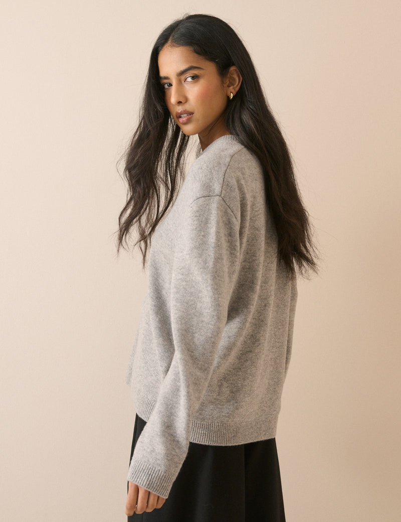 Grey V-Neck Wool Jumper