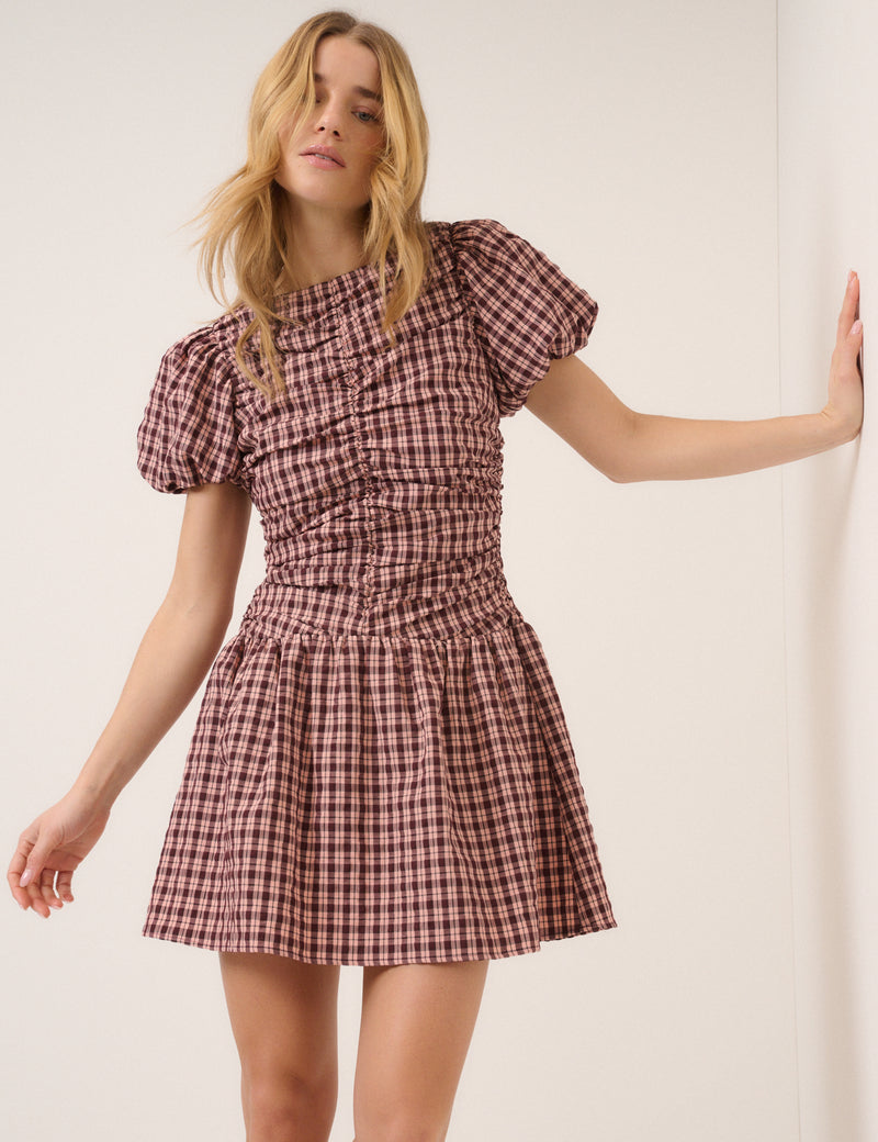 Boat Neck Drop Waist Short Puff Sleeve Dress
