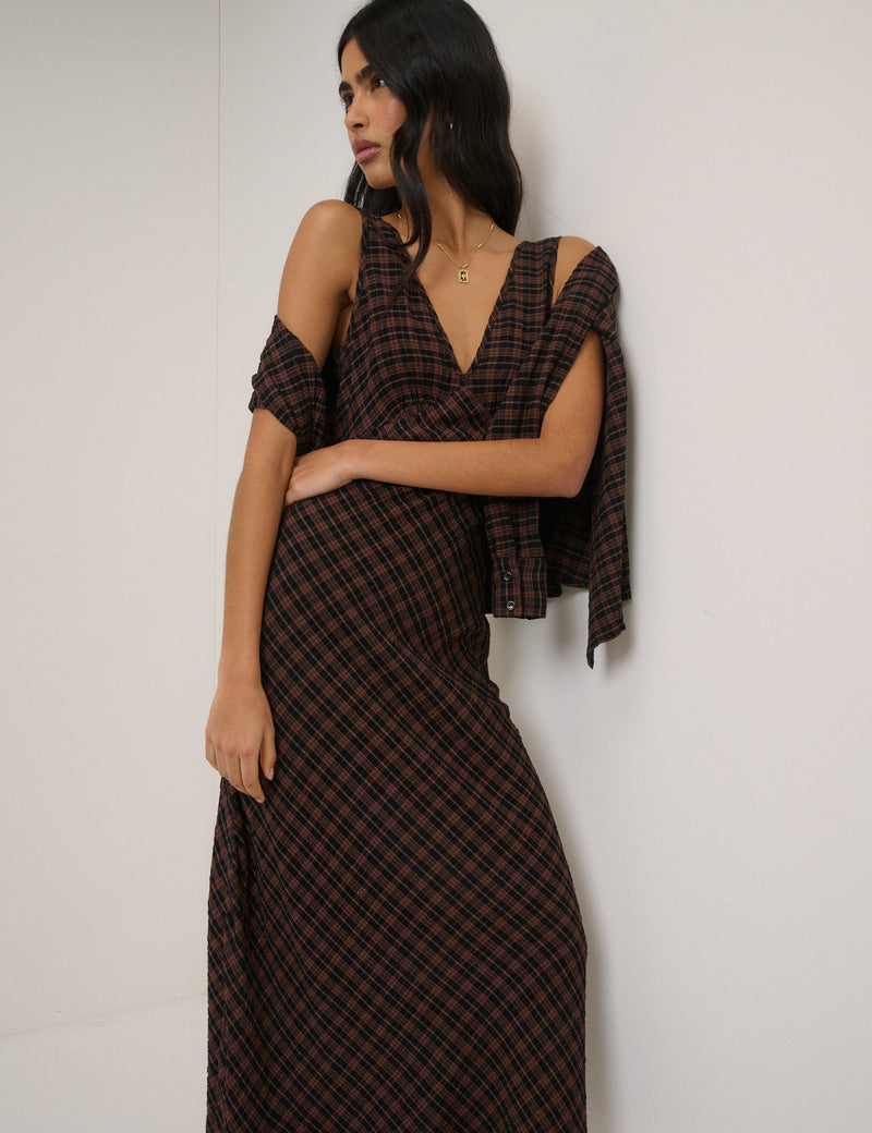Brown Check Harmony Sleeveless Midi Dress