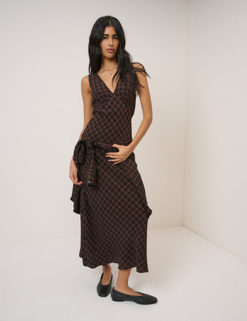 Brown Check Harmony Sleeveless Midi Dress