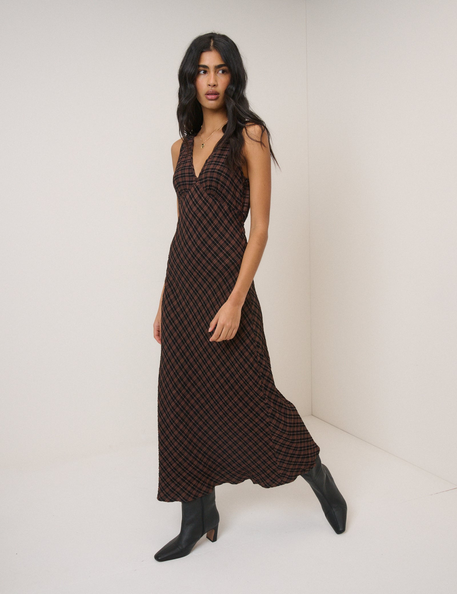tartan midi dress Brown Check Harmony Sleeveless Midi Dress