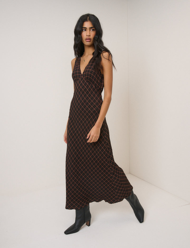Brown Check Harmony Sleeveless Midi Dress