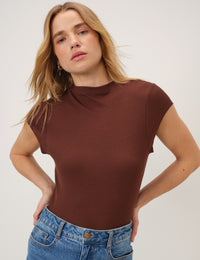 Brown Ribbed Cap Sleeve Top