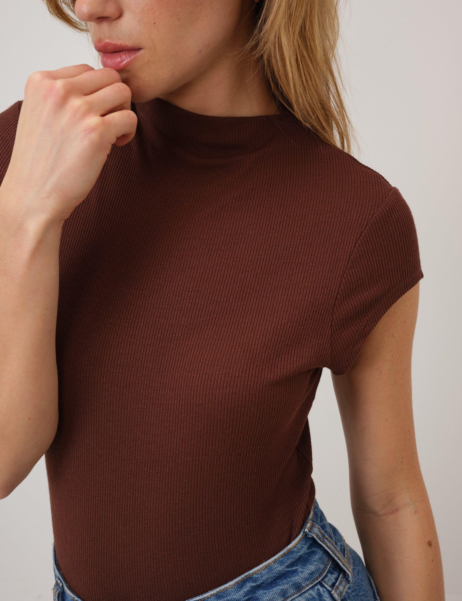 Brown Ribbed Cap Sleeve Top
