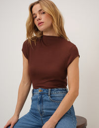 Brown Ribbed Cap Sleeve Top