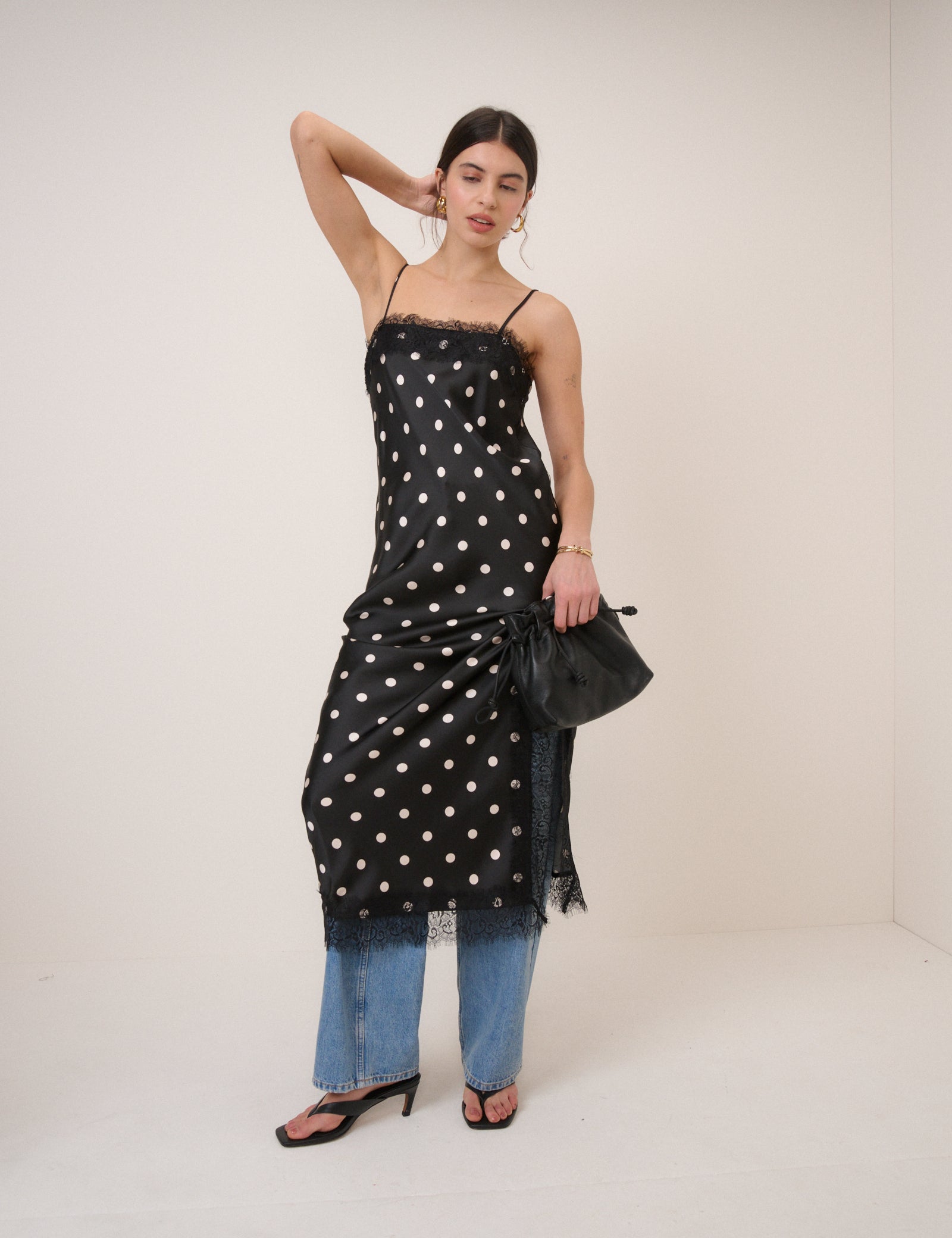 Black Polka Dot Betsie Lace Trim Midi Column Dress Black Polka Dot Betsie Lace Trim Midi Column Dress