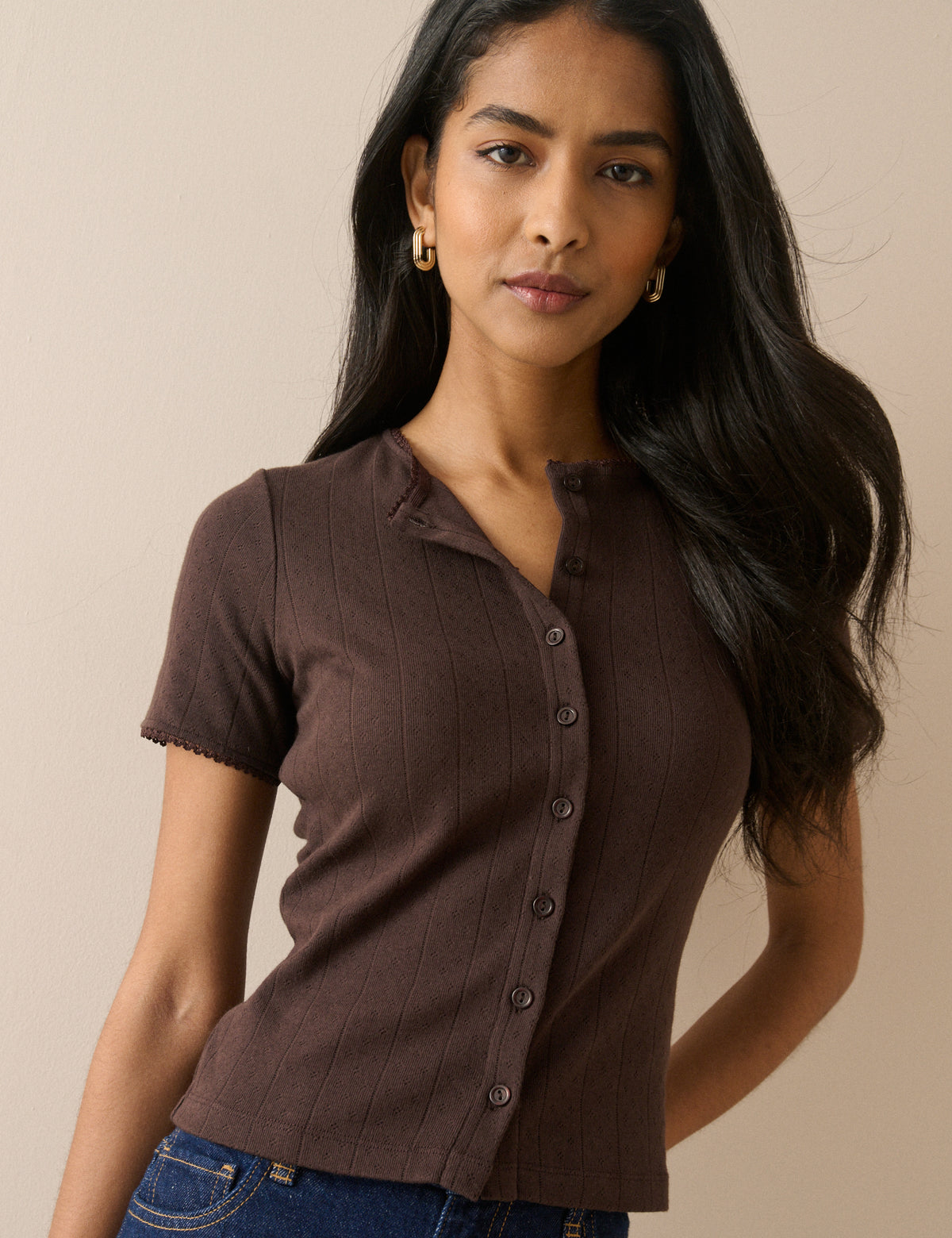 Brown Pointelle Short Sleeve Top