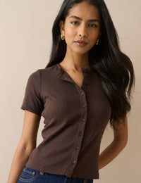 Brown Pointelle Short Sleeve Top