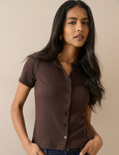 Brown Pointelle Short Sleeve Top