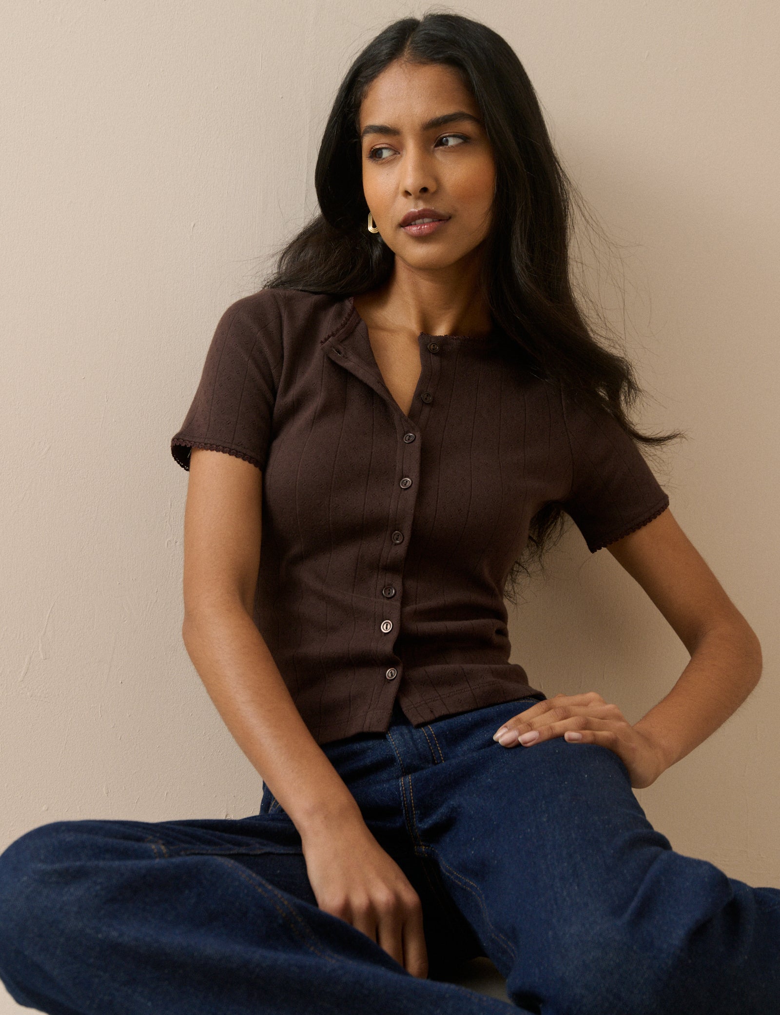 Brown Pointelle Short Sleeve Top