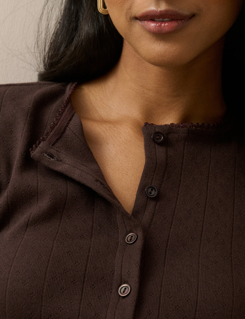 Brown Pointelle Short Sleeve Top