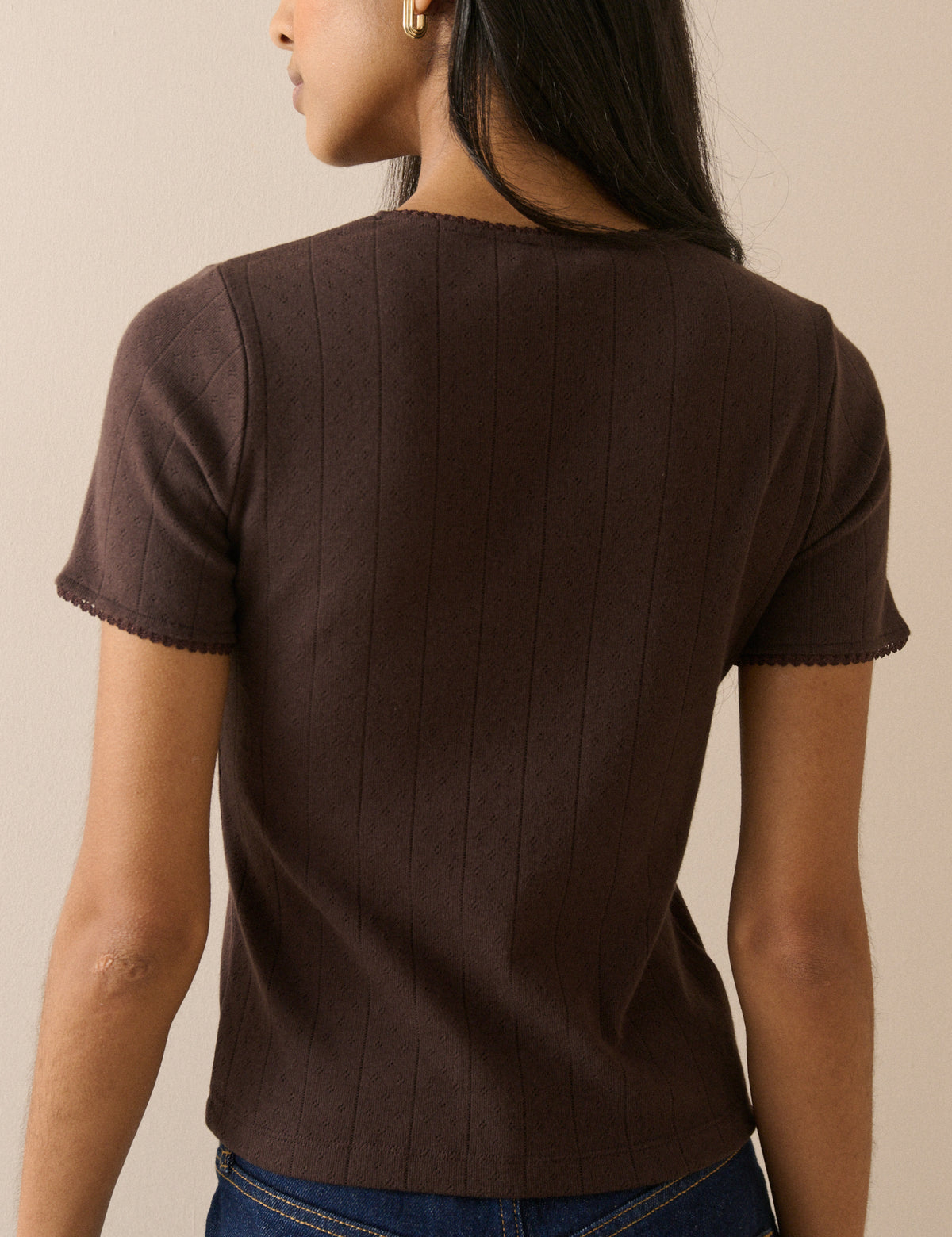 Brown Pointelle Short Sleeve Top