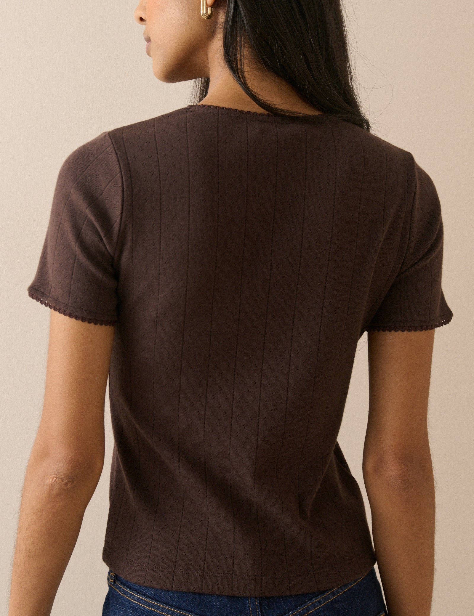 Brown Pointelle Short Sleeve Top