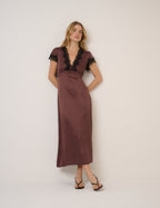 Brown Lace Trim Aida Midi Dress