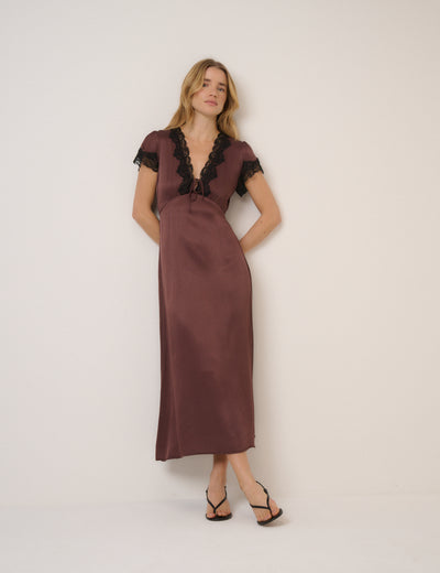 Brown Lace Trim Aida Midi Dress