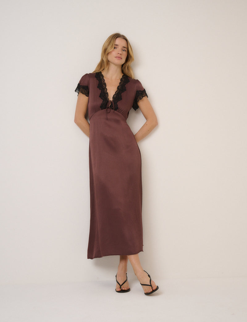 Brown Lace Trim Aida Midi Dress