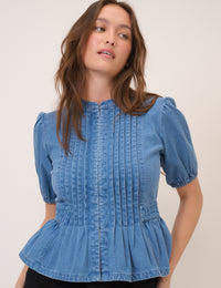 Blue Short Sleeve Denim Blouse