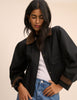 Navy cropped barn jacket with brown cord collar