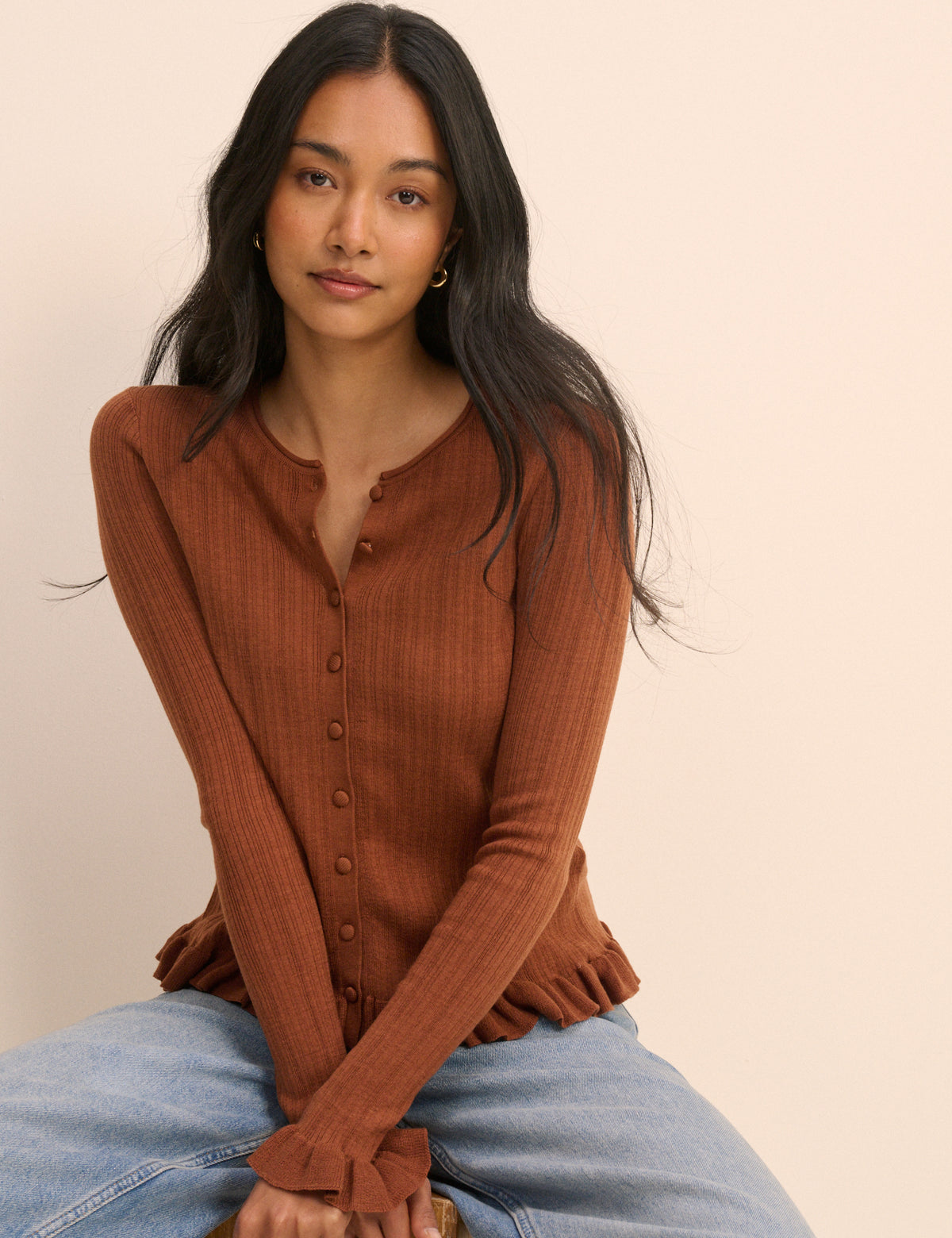 Brown Rib and Ruffle Sheer Knit Cardigan