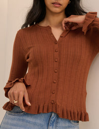 Brown Rib and Ruffle Sheer Knit Cardigan