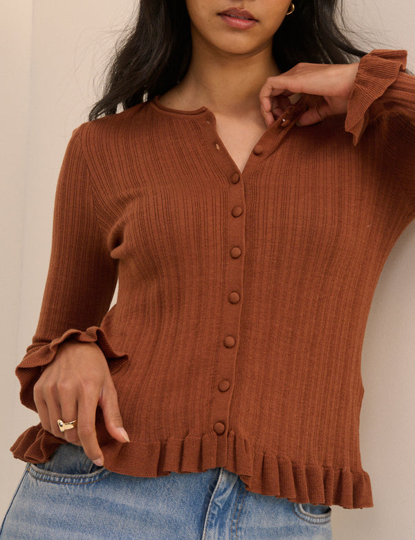 Brown Rib and Ruffle Sheer Knit Cardigan