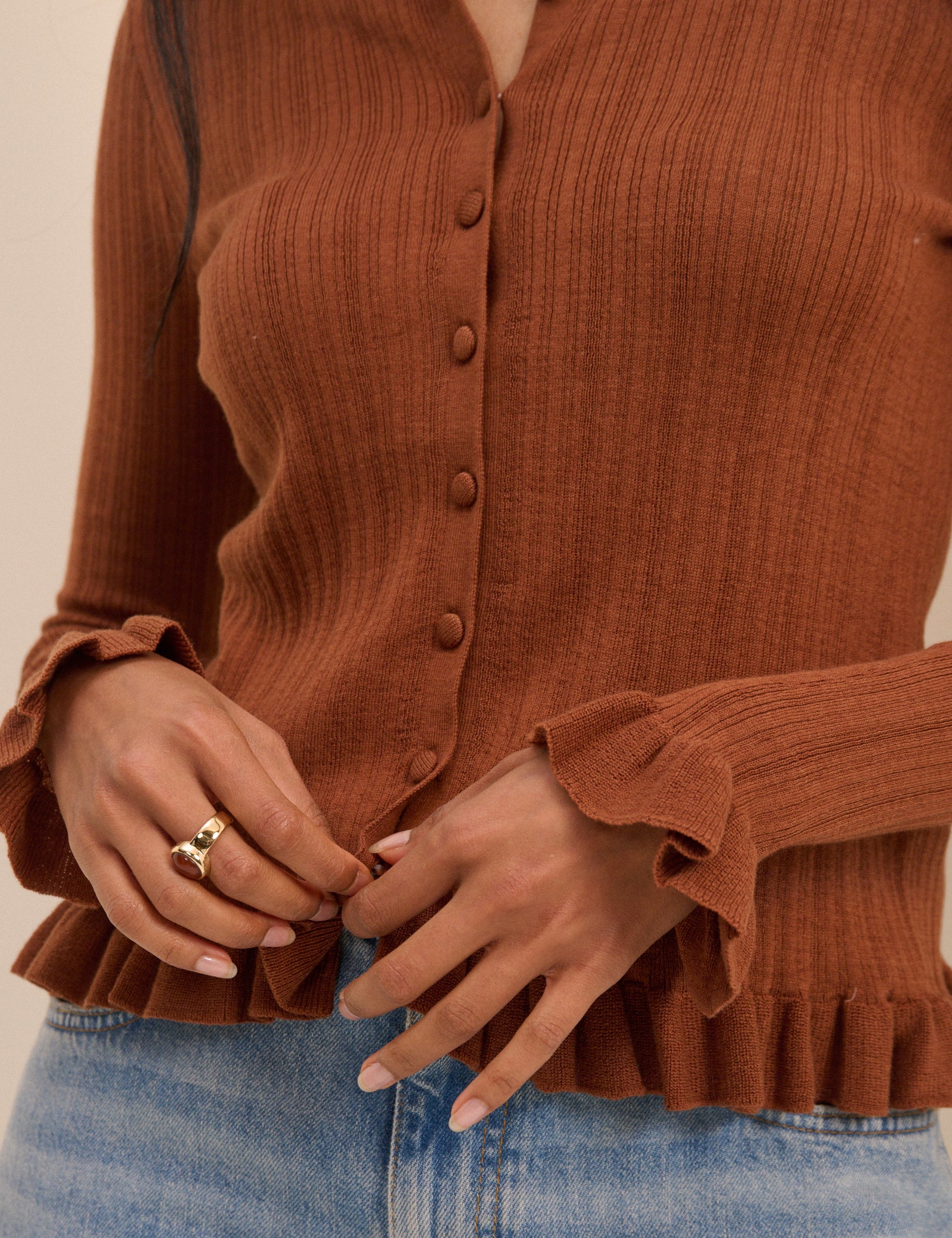 Brown Rib and Ruffle Sheer Knit Cardigan