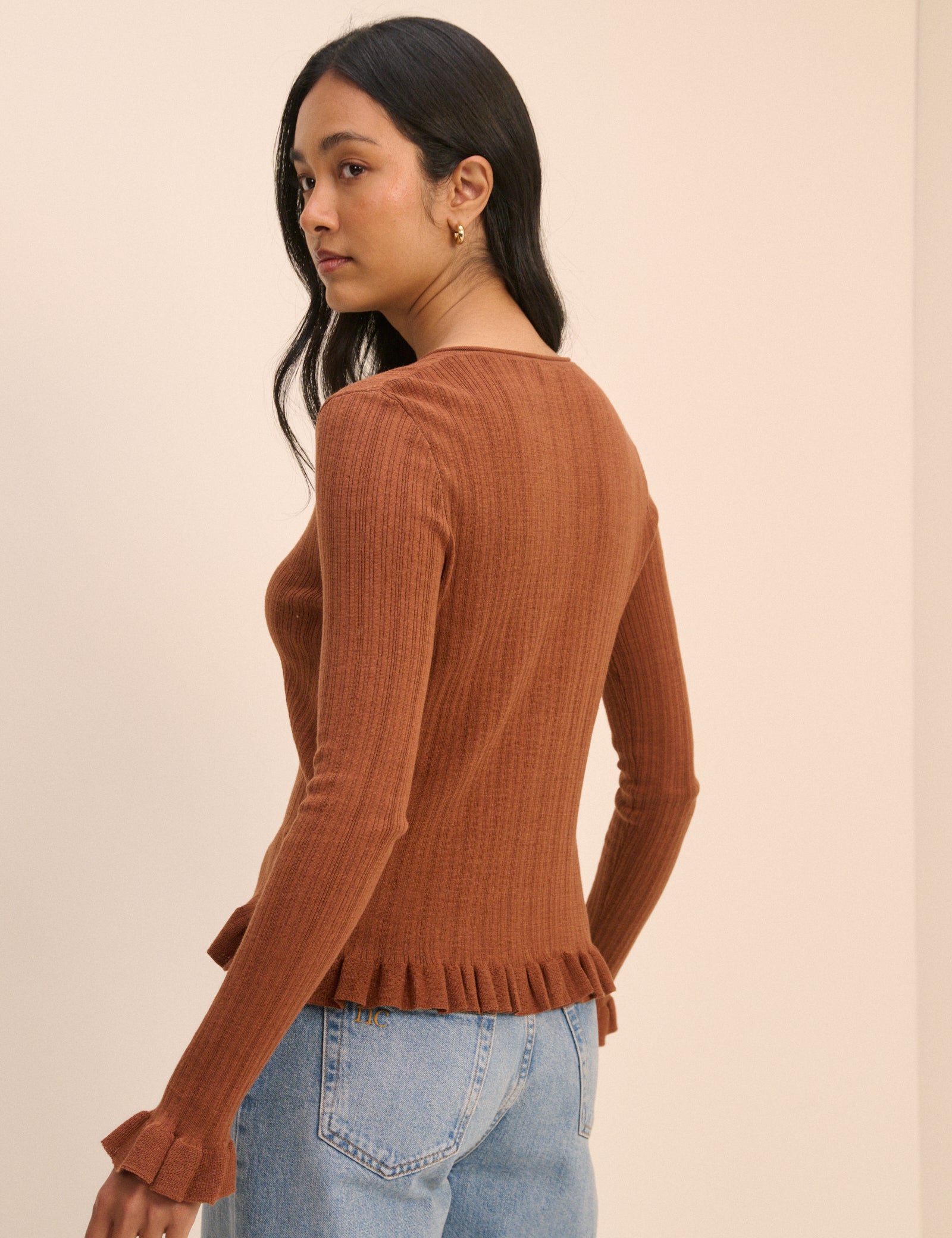 Brown Rib and Ruffle Sheer Knit Cardigan
