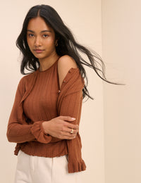 Brown Rib and Ruffle Sheer Knit Vest