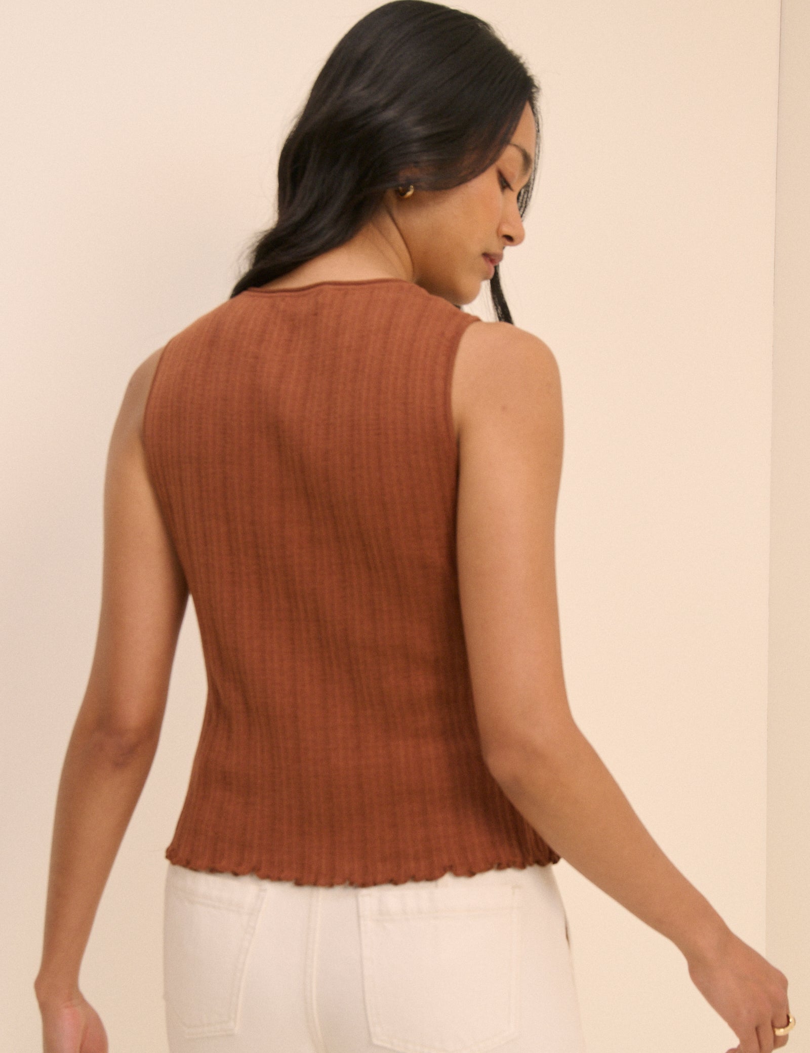 Brown Rib and Ruffle Sheer Knit Vest
