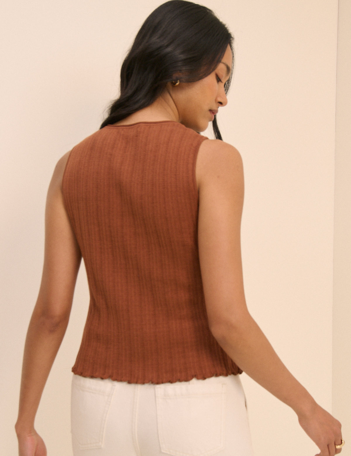 Brown Rib and Ruffle Sheer Knit Vest