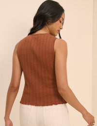 Brown Rib and Ruffle Sheer Knit Vest