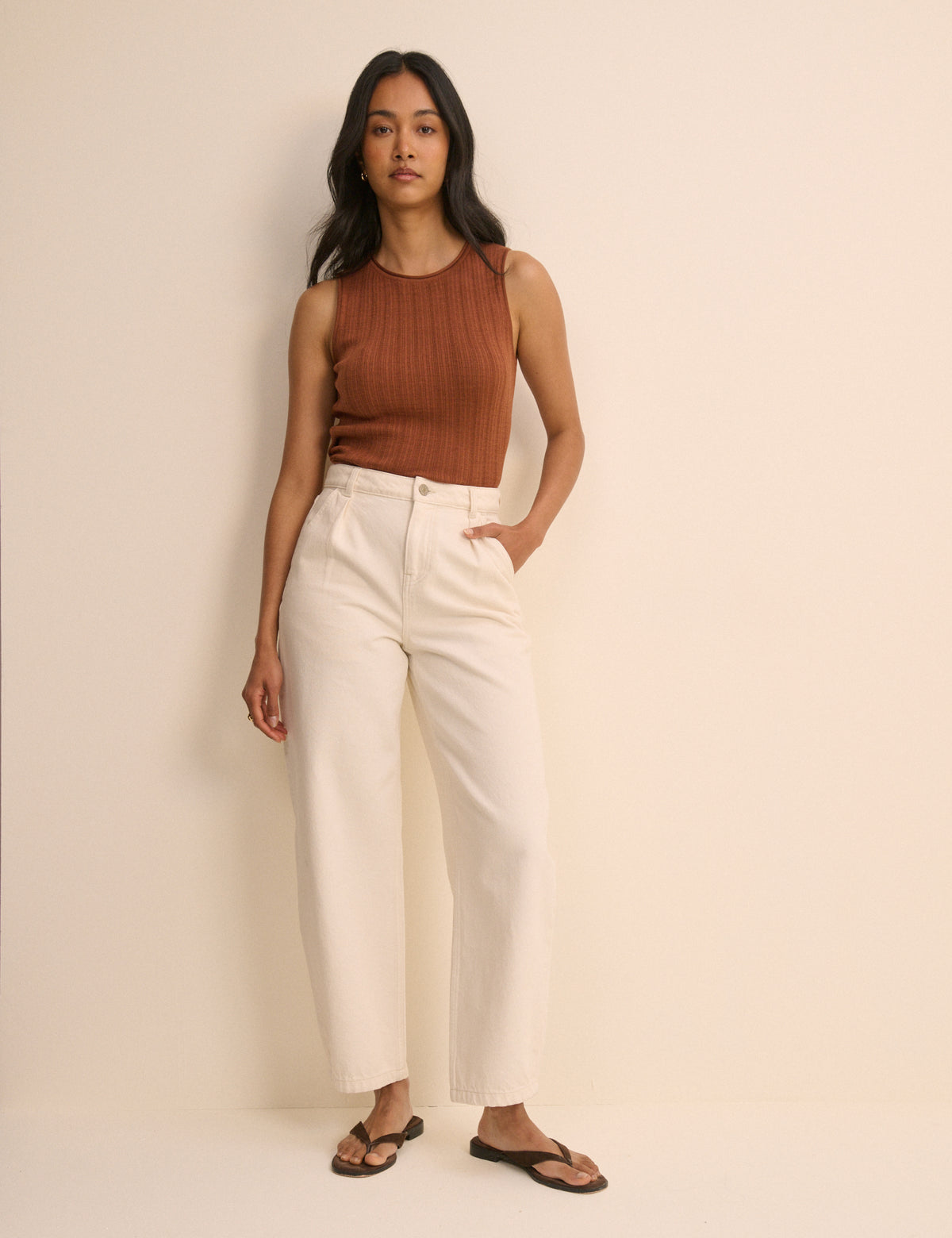 Brown Rib and Ruffle Sheer Knit Vest