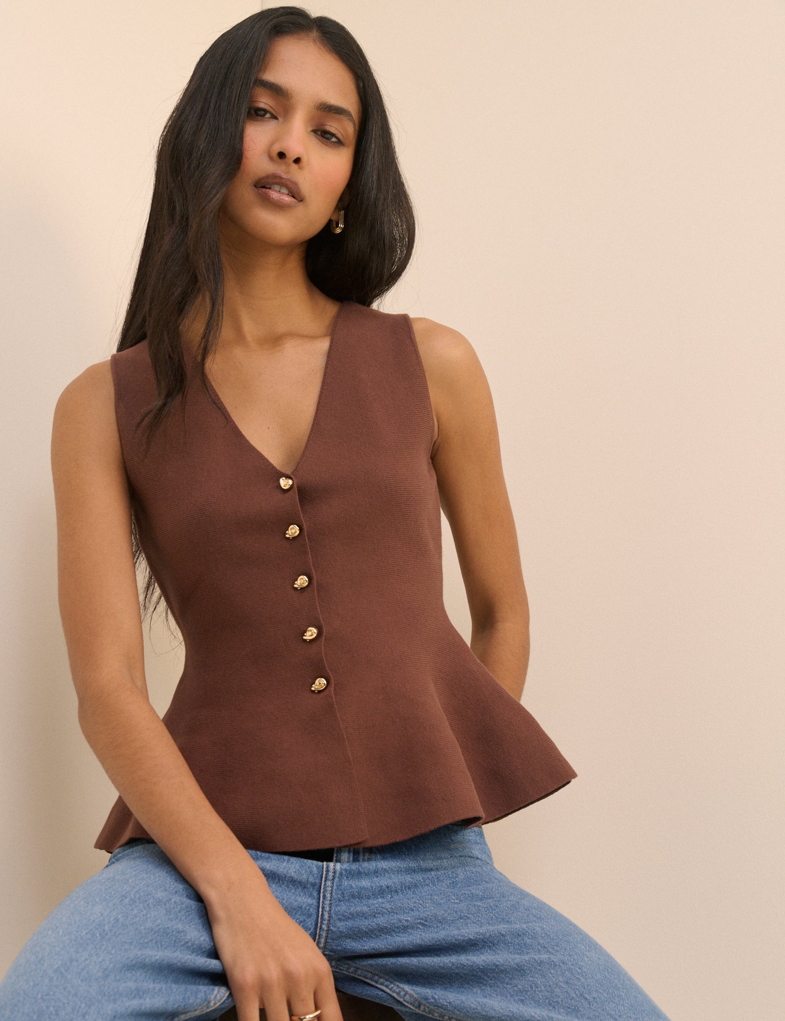 Brown Peplum Knitted Top