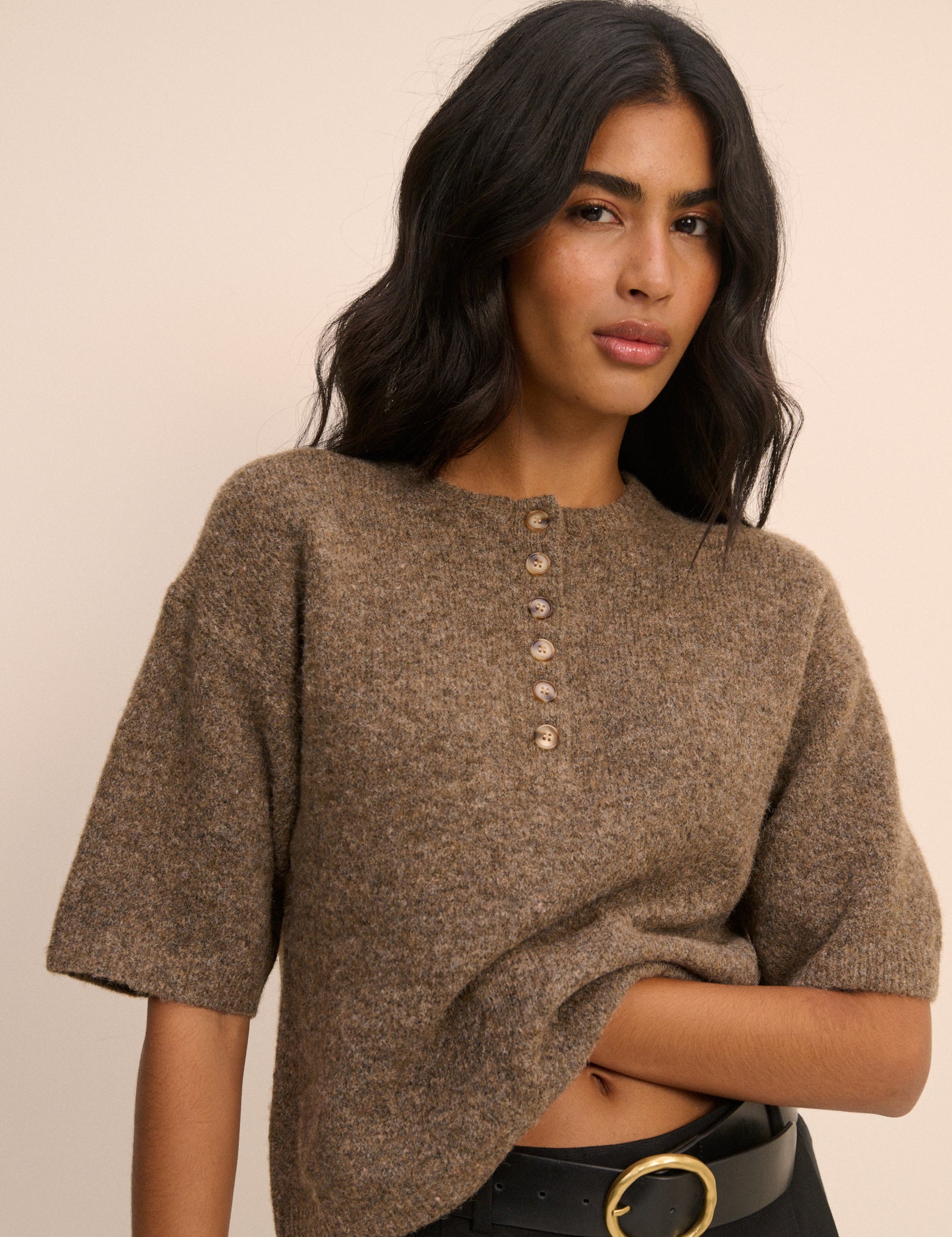 Brown Henley Knitted Top