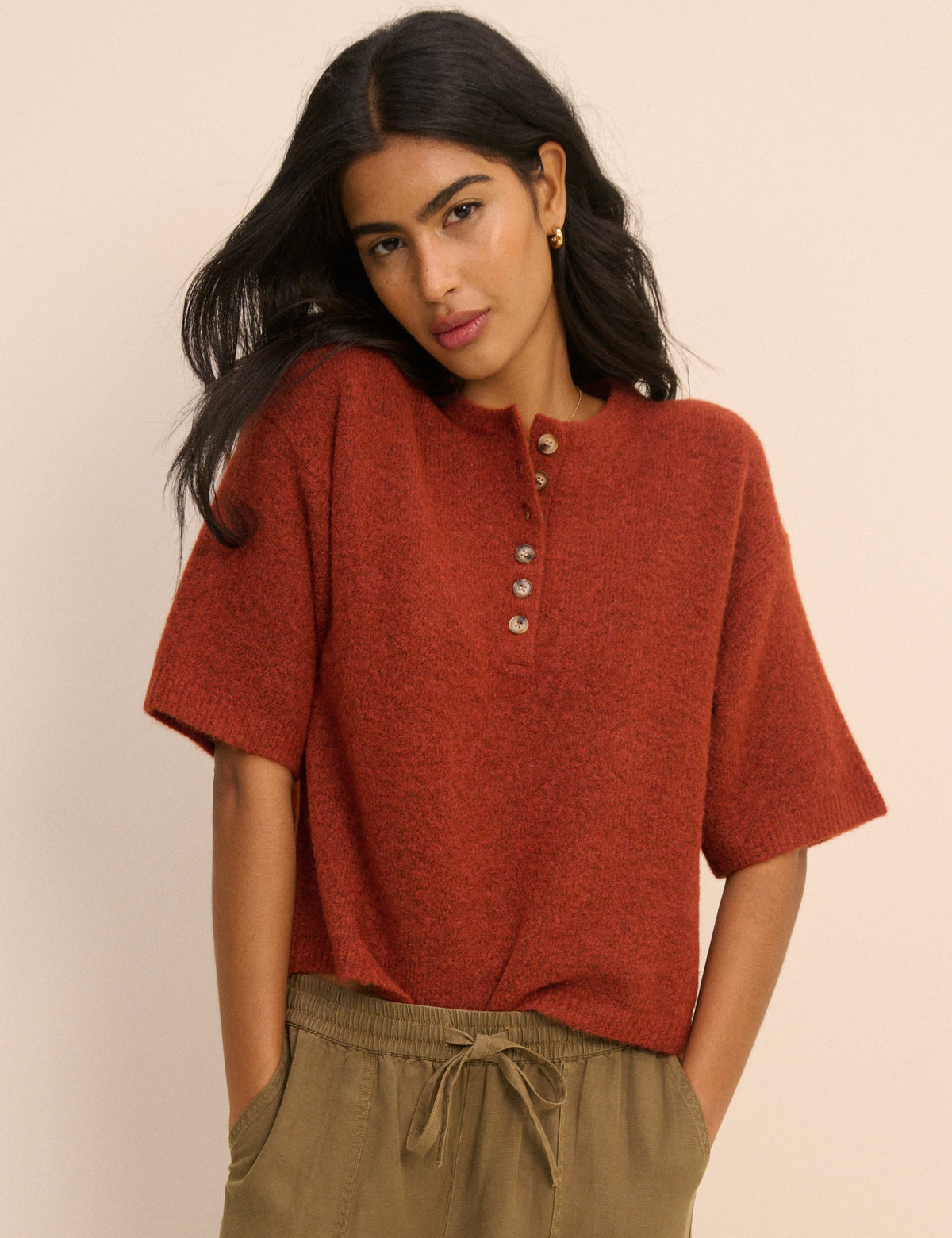 Red Knitted Button Down Top