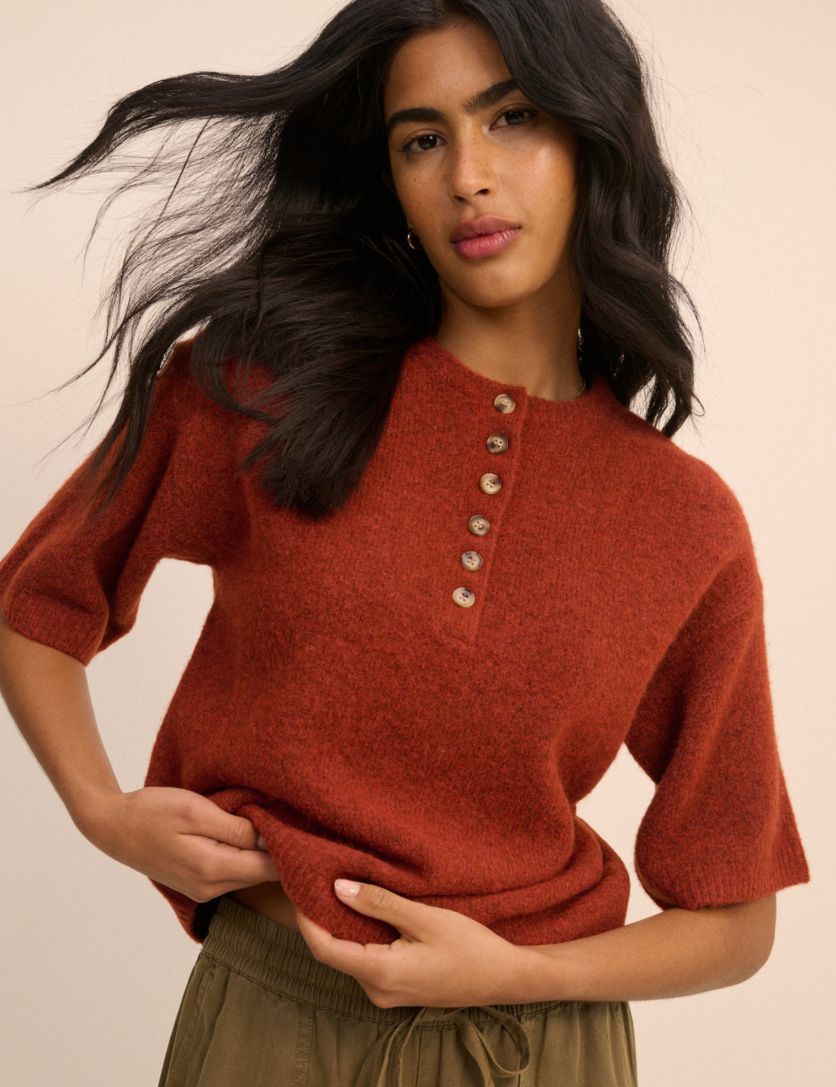 Red Knitted Button Down Top