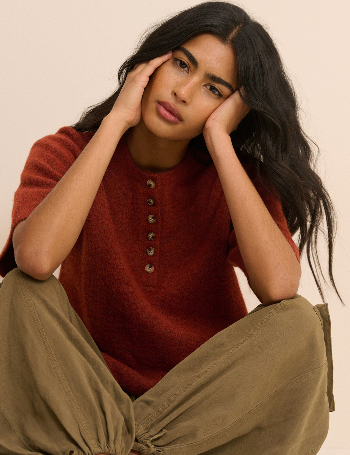 Red Knitted Button Down Top