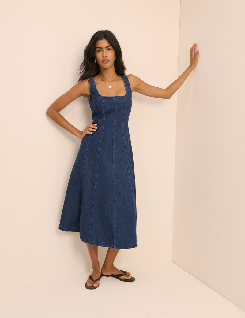 Denim Square Neck Rowe Midi Dress