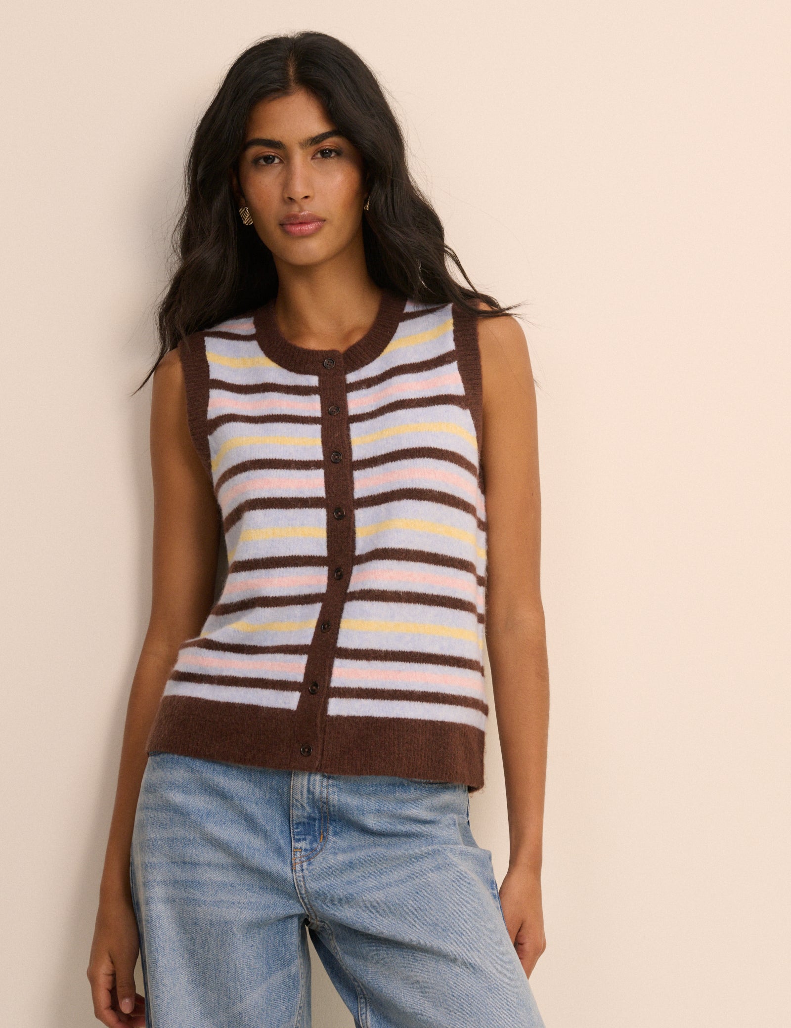 Blue and Brown Stripe Button Through Vest