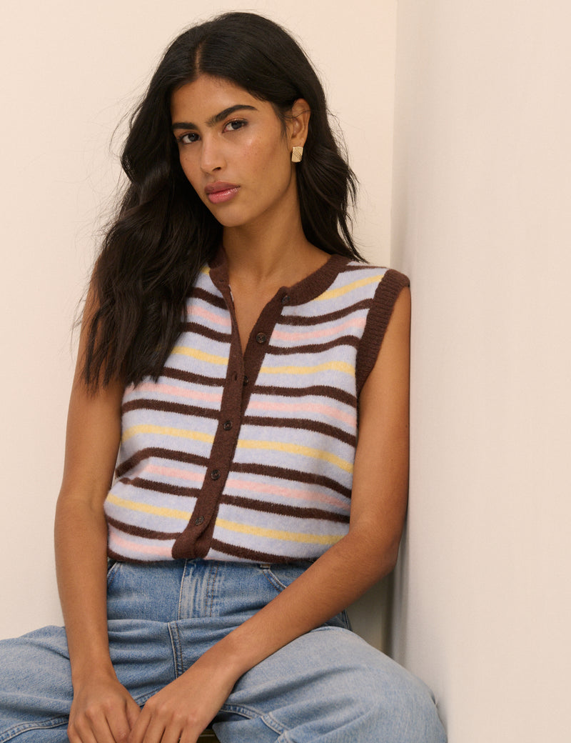 Blue and Brown Stripe Button Through Vest