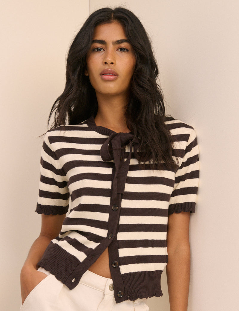 Brown and White Stripe Short Sleeve Tie Neck Cardigan